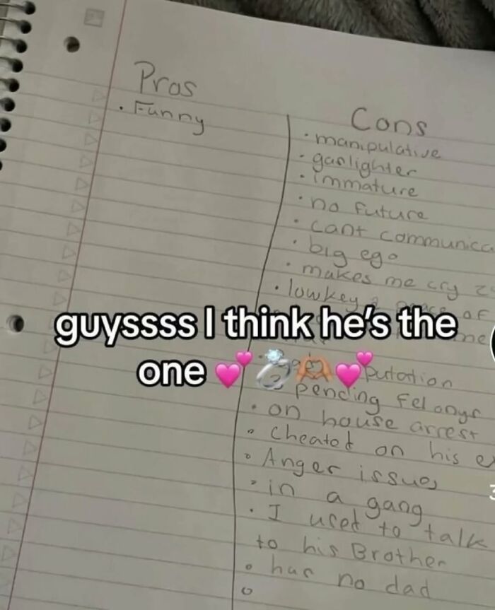 Handwritten notes listing pros and cons of someone, including many negative traits, highlighting cringe posts.