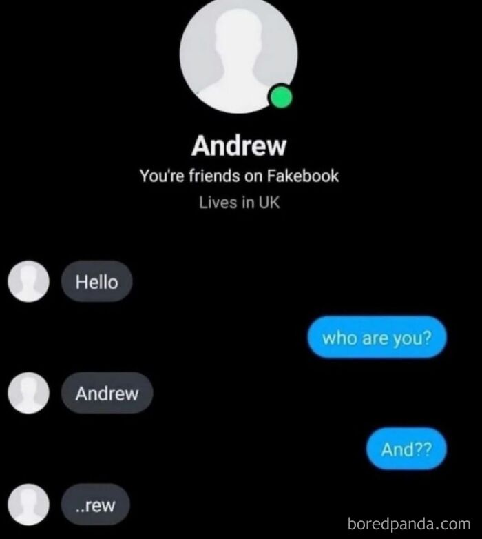 A text message conversation where someone struggles to identify Andrew, showcasing cringe posts.