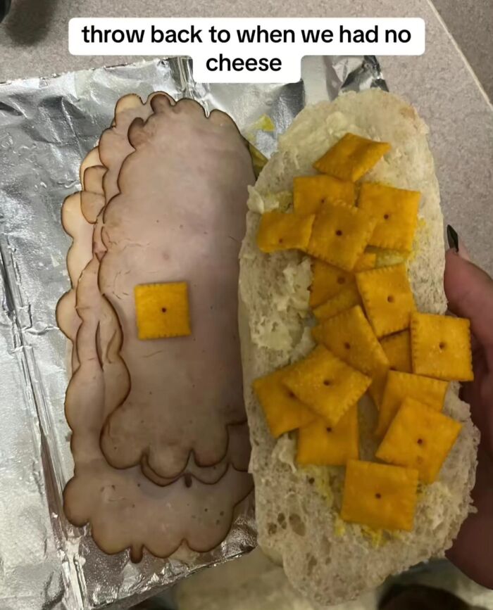 A cringe post of a sandwich made with deli meat and cheese crackers instead of cheese, a makeshift meal.