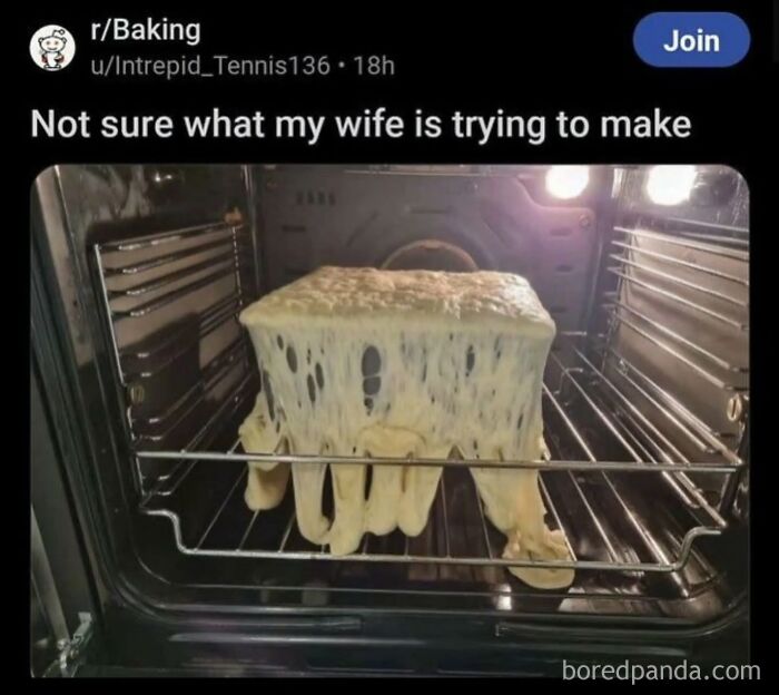A cringe post showing dough overflowing and dripping from a baking pan in an oven, a baking attempt gone wrong.