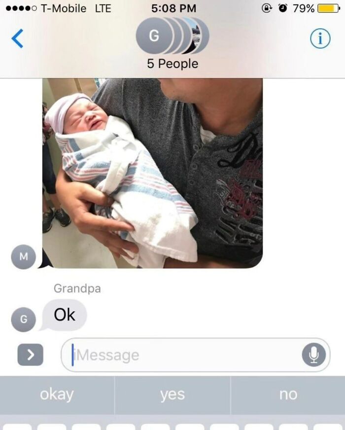 A cringe post of a newborn baby held by a person, with a text message exchange showing 'Grandpa' replying 'Ok'.