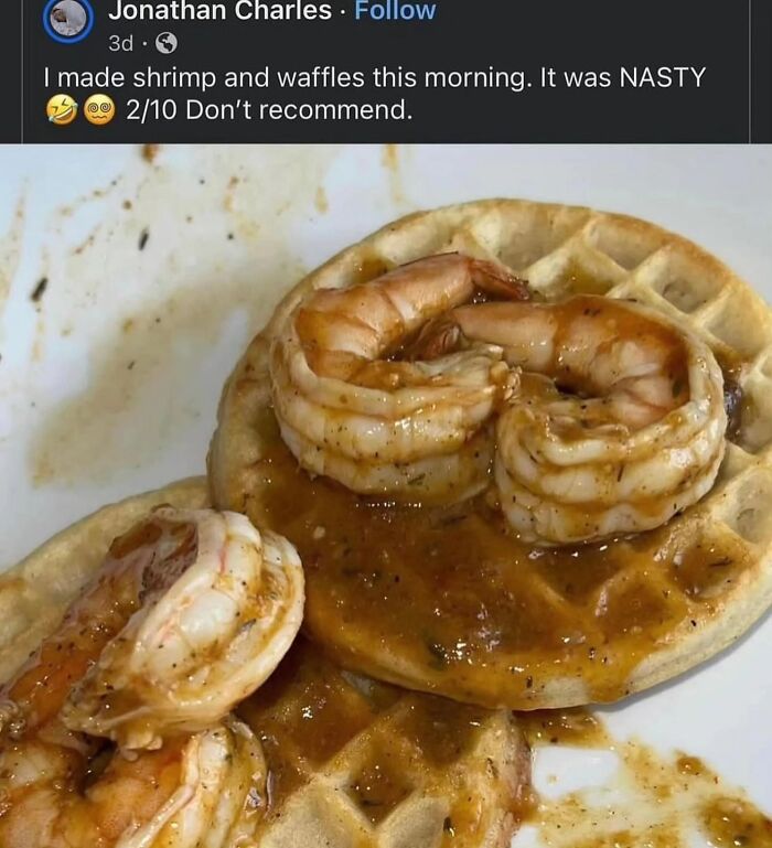 A cringe post of shrimp and waffles, a dish described as nasty and not recommended, on a white plate.
