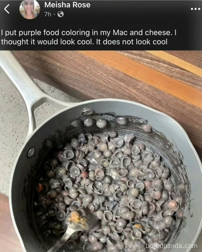 A pot of purple mac and cheese, an example of cringe posts that get funnier the longer you look.