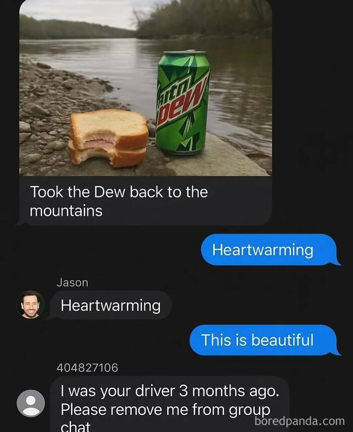 A text message conversation showing a can of Mountain Dew and a sandwich by a river, with cringe posts in replies.