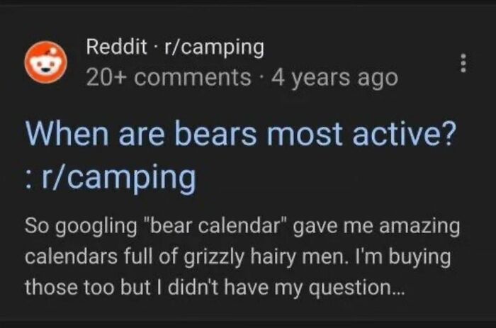 A painfully cringe Reddit post from r/camping asking when bears are active, with a funny calendar search result.