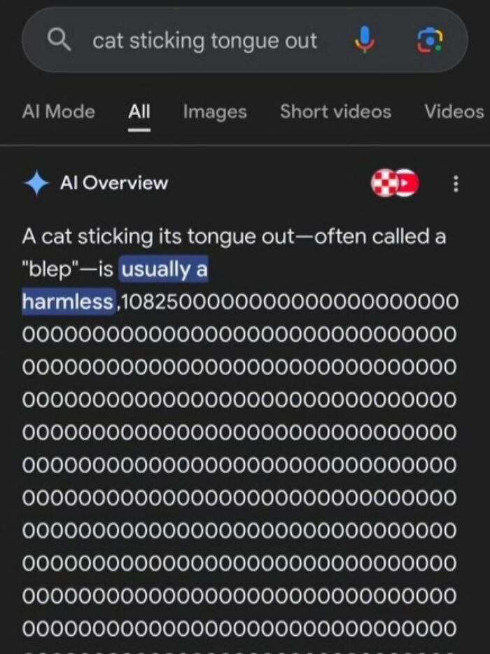 A screenshot of a painfully cringe Google AI overview for cat sticking tongue out, showing a numerical error.