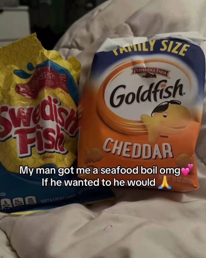 A painfully cringe post featuring a bag of Swedish Fish and a bag of Goldfish crackers, jokingly called a seafood boil.