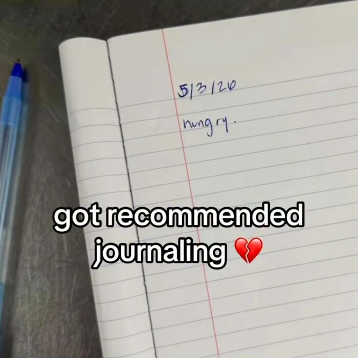 A journal with only 'hungry' written on a page, showing an attempt at journaling in a cringe post.