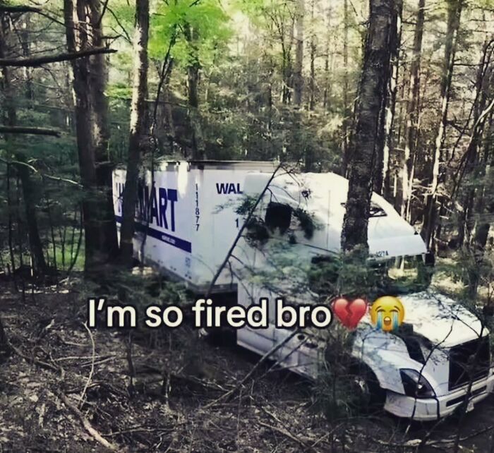 A Walmart truck crashed into the woods, humorously captioned "I'm so fired bro" - a cringe post.