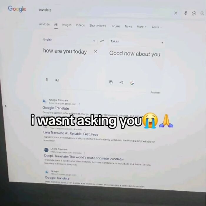 A computer screen showing a Google Translate interaction, an example of cringe posts.