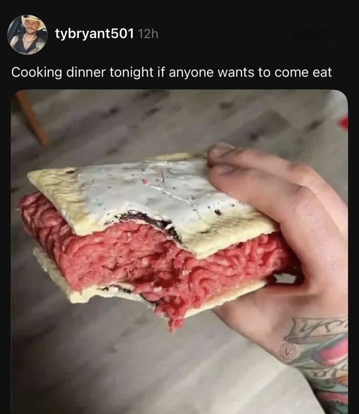 A hand holding a pastry filled with raw ground meat, a painfully cringe post.