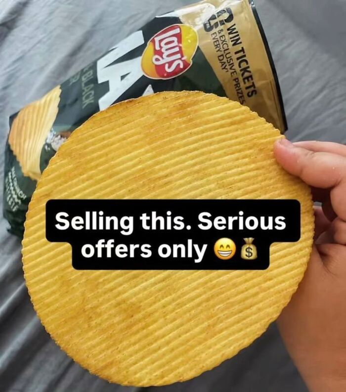 A person holding an unusually large, round Lay's chip, among other cringe posts.