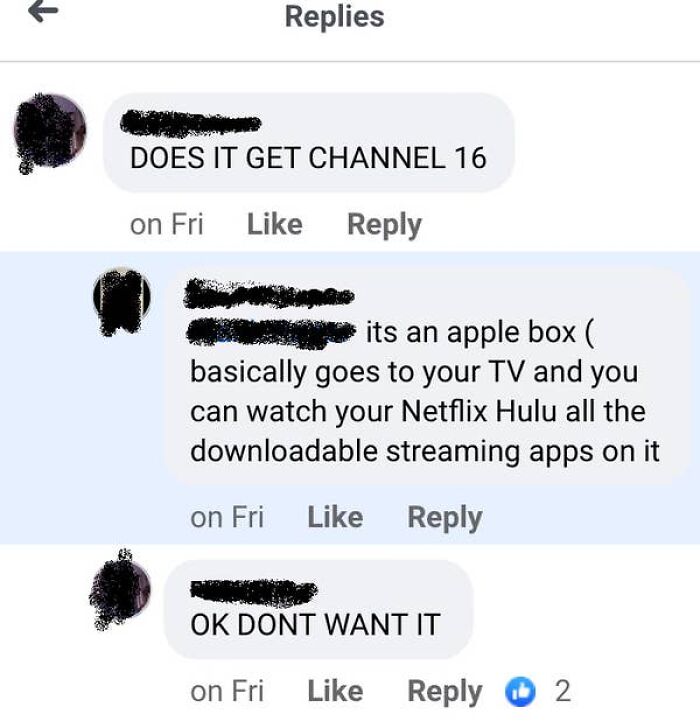 A screenshot showing an elderly person asking if an Apple Box gets Channel 16, highlighting funny unsupervised internet access. Elderly internet use.