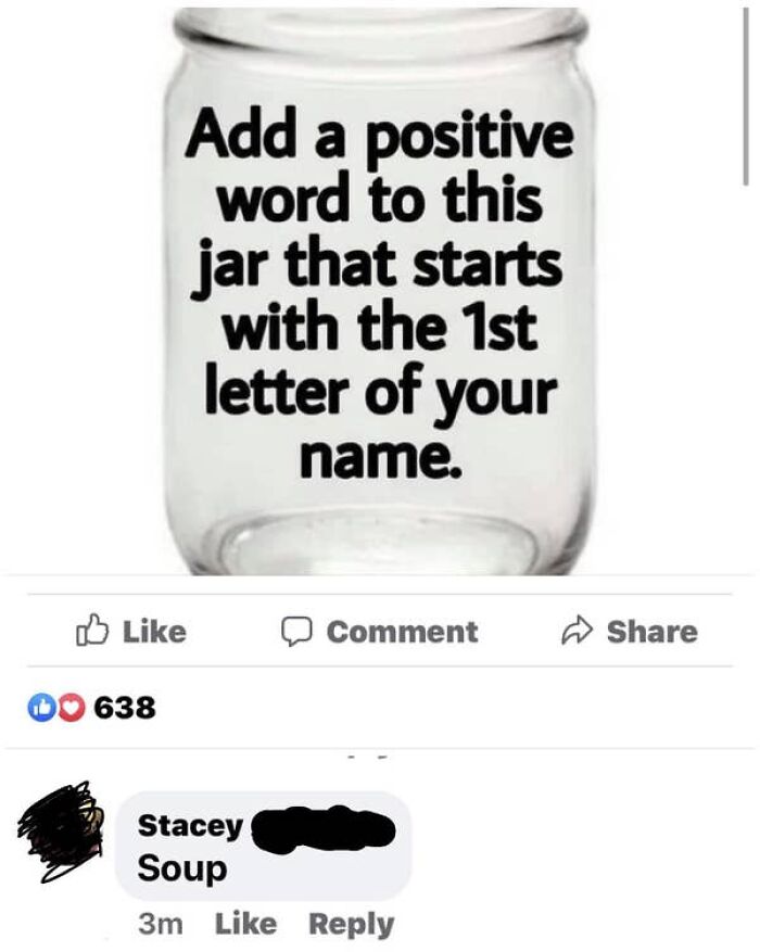 A screenshot showing an elderly person comically misinterpreting a social media prompt, adding 'Soup' to a positive word jar. Hilarious internet mishaps.