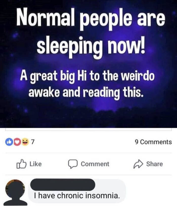 A funny internet post from an elderly person, showing a meme about normal people sleeping and a comment about chronic insomnia.