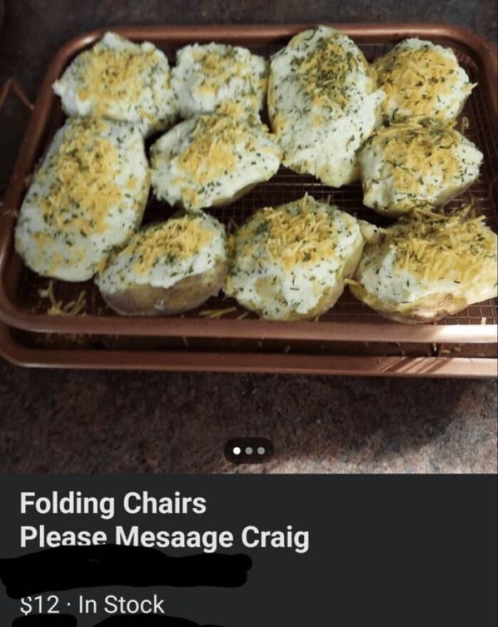 A humorous example of elderly people on the internet, with a marketplace listing for 'Folding Chairs' featuring baked potatoes.