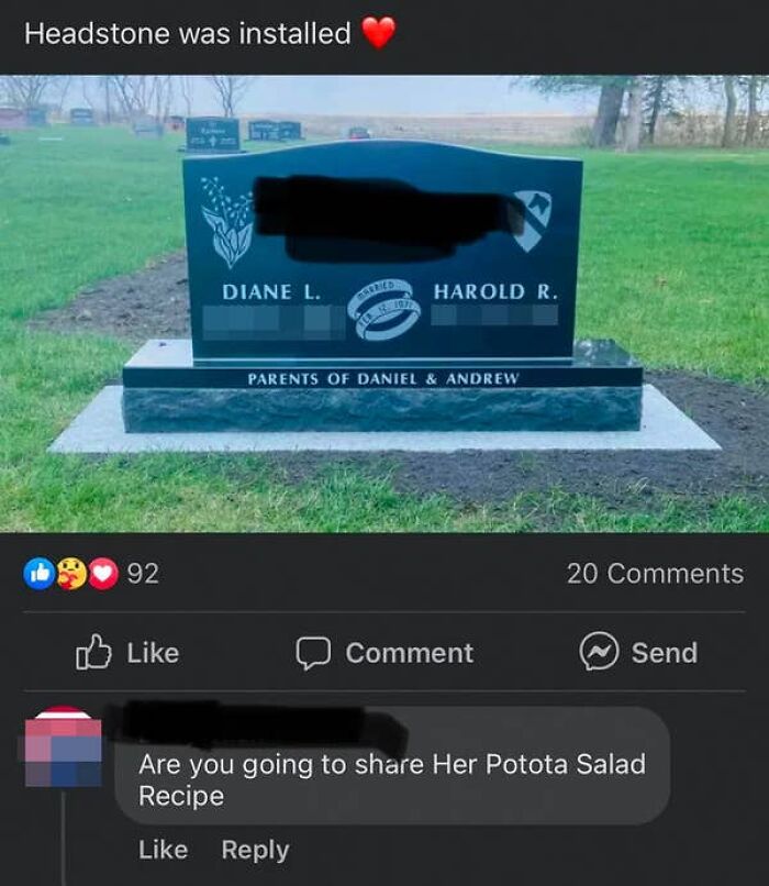 Elderly people asking for a potato salad recipe on a post about a headstone being installed on the internet.