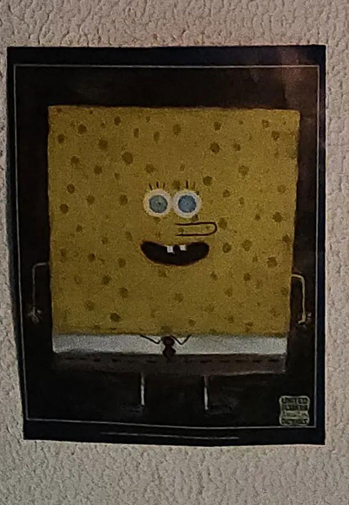 A square painting of Spongebob Squarepants on a dark background, one of 65 camera roll photos.