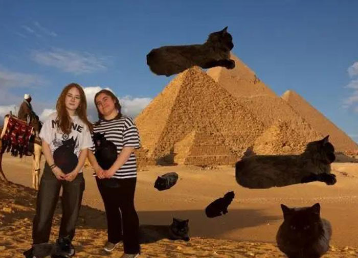 Two women surrounded by numerous black cats and Egyptian pyramids, a surreal camera roll photo.