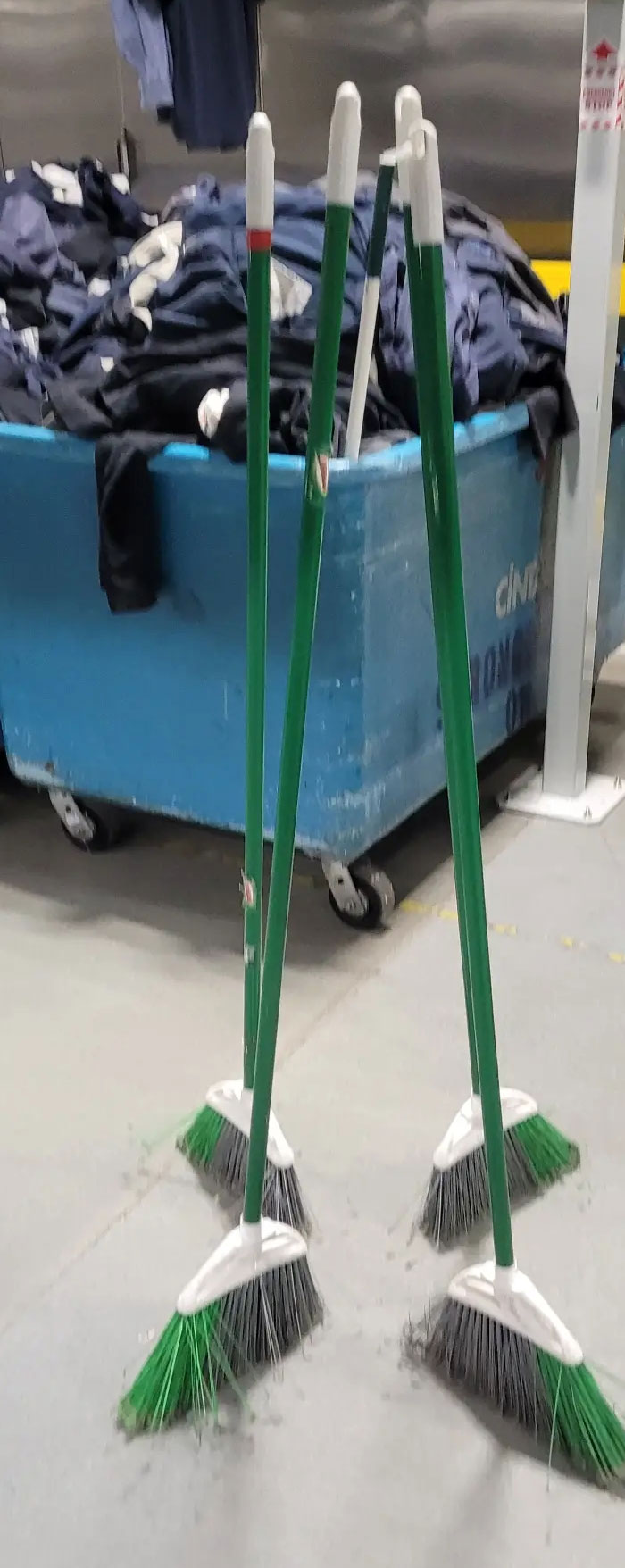 Four green brooms standing upright on a concrete floor next to a blue laundry bin, among camera roll photos.