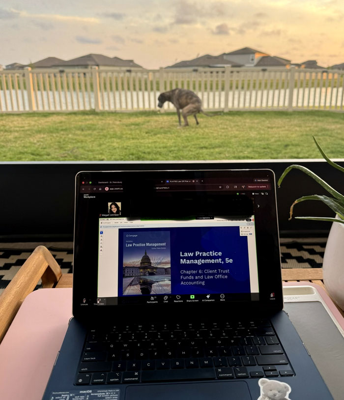 A laptop displaying a law practice management presentation with a dog defecating in the background, a camera roll photo.