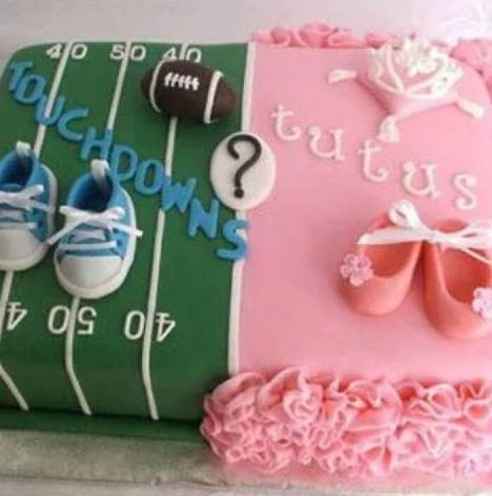 A gender reveal cake split between a green football field for Touchdowns and pink for tutus, for gender reveal moments.