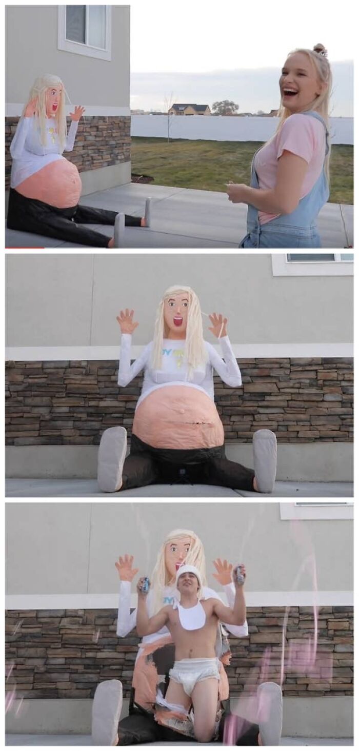 A three-panel image showing a woman with a large pregnant doll that reveals a man in a diaper, a funny gender reveal.