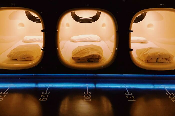 Capsule hotel rooms, an adjustment for travelers facing culture shock.