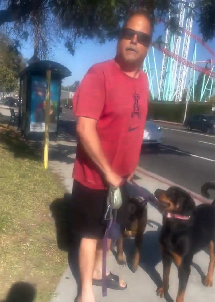 Man walking his dogs on the sidewalk, with a cyclist Karen attempting to shame him. Man walking his dogs on the sidewalk, with a cyclist Karen attempting to shame him.