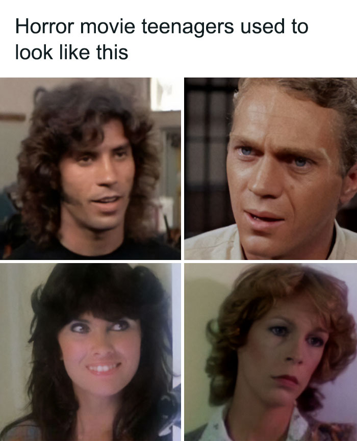 A four-panel image featuring screenshots of actors like John Travolta and Jamie Lee Curtis, with text noting how 80s and 90s horror movie teenagers looked, emphasizing the superior decades.