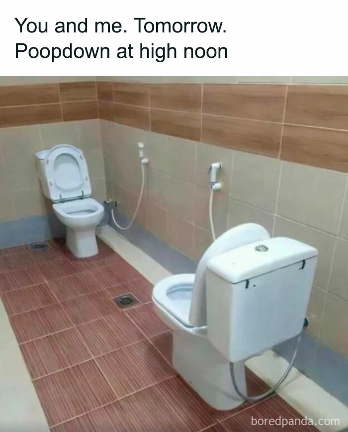 A weird meme showing two toilets facing each other in a bathroom, labeled as a poopdown at high noon.