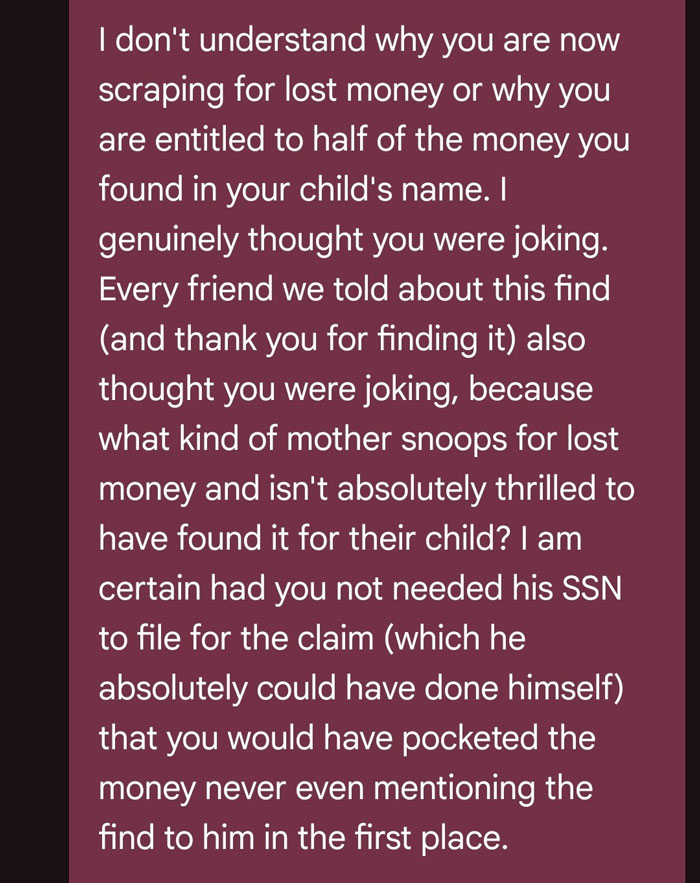 A message discusses a mom finding her son's lost $6K and demanding a finder's fee, questioning her entitlement. A message discusses a mom finding her son's lost $6K and demanding a finder's fee, questioning her entitlement.