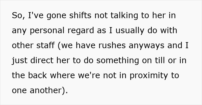 Text snippet detailing a 17YO slacking off at work and avoiding a 19YO colleague amidst made-up bullying claims. Text snippet detailing a 17YO slacking off at work and avoiding a 19YO colleague amidst made-up bullying claims.