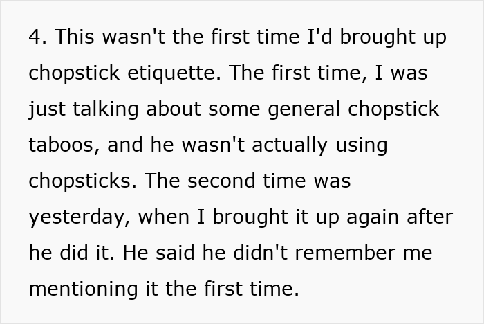 Details about previous discussions on chopstick etiquette, and the man switching to forks out of spite. Details about previous discussions on chopstick etiquette, and the man switching to forks out of spite.