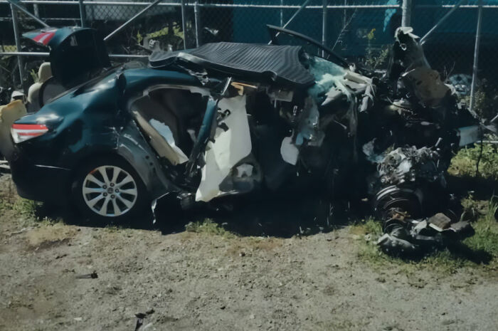 A severely wrecked car, aftermath of an accident involving Mackenzie Shirilla's victim, stirring controversy. A severely wrecked car, aftermath of an accident involving Mackenzie Shirilla's victim, stirring controversy.