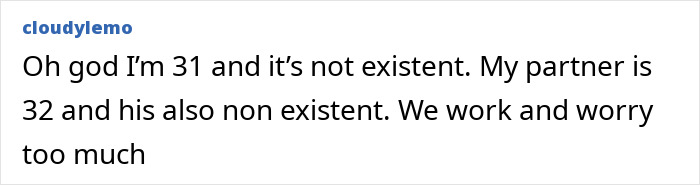 A social media user's comment about libido confession, mentioning non-existent libido for themselves and partner.