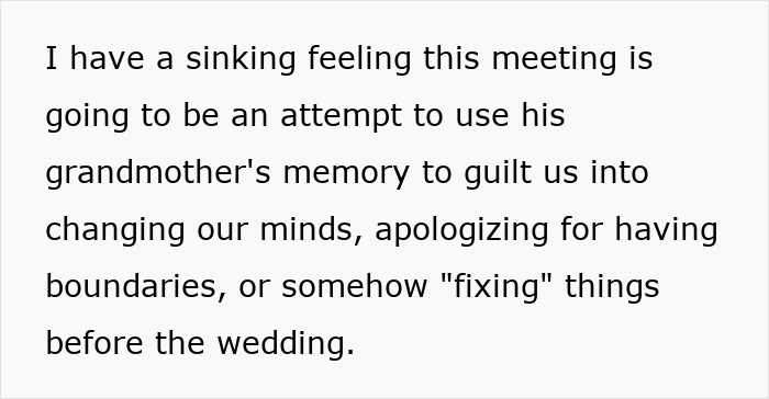 A quote from the article describing a sinking feeling about a meeting to address a childfree wedding. A quote from the article describing a sinking feeling about a meeting to address a childfree wedding.