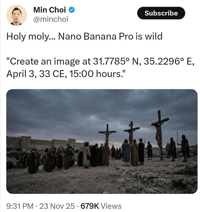 A funny AI meme showing an AI generated image of historical crucifixion, illustrating the wild capabilities of AI.