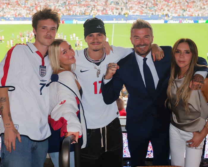 David Beckham and Victoria Beckham with their children at a World Cup match, showing family support amid World Cup mockery.