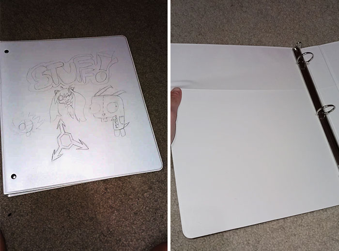A blank binder where someone forgot to put their stuff, ruining their day.