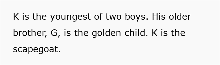 Text explaining the golden child and scapegoat dynamic within the family regarding the childfree wedding. Text explaining the golden child and scapegoat dynamic within the family regarding the childfree wedding.