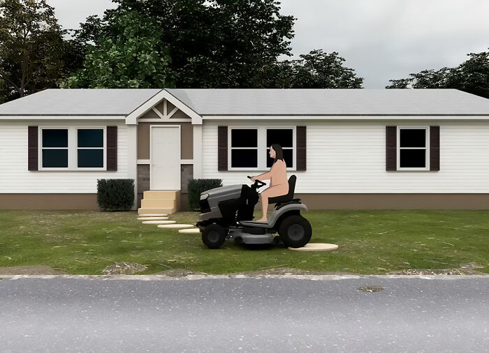 An illustration of a person mowing a lawn shirtless on a riding mower, depicting the worst neighbor ever.