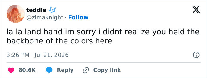A social media post by @zimaknight from Jul 21, 2026, about La La Land colors, reflecting on a decade-long mistake.