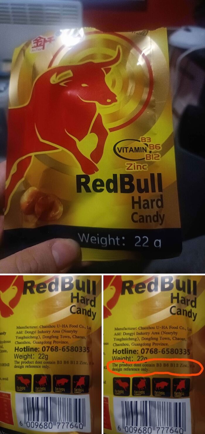 Red Bull Hard Candy packaging that says it doesn't contain the listed vitamins, showing infuriating marketing practices.