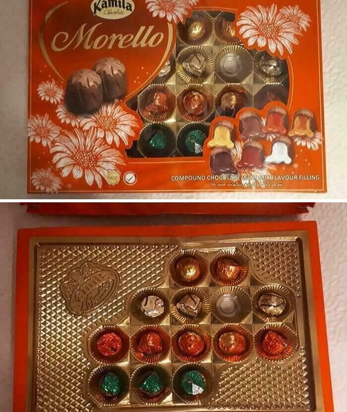 An orange box of chocolates, with the top photo showing the box closed and the bottom photo showing it open, revealing an infuriating marketing practice where the box suggests more chocolates than it contains.