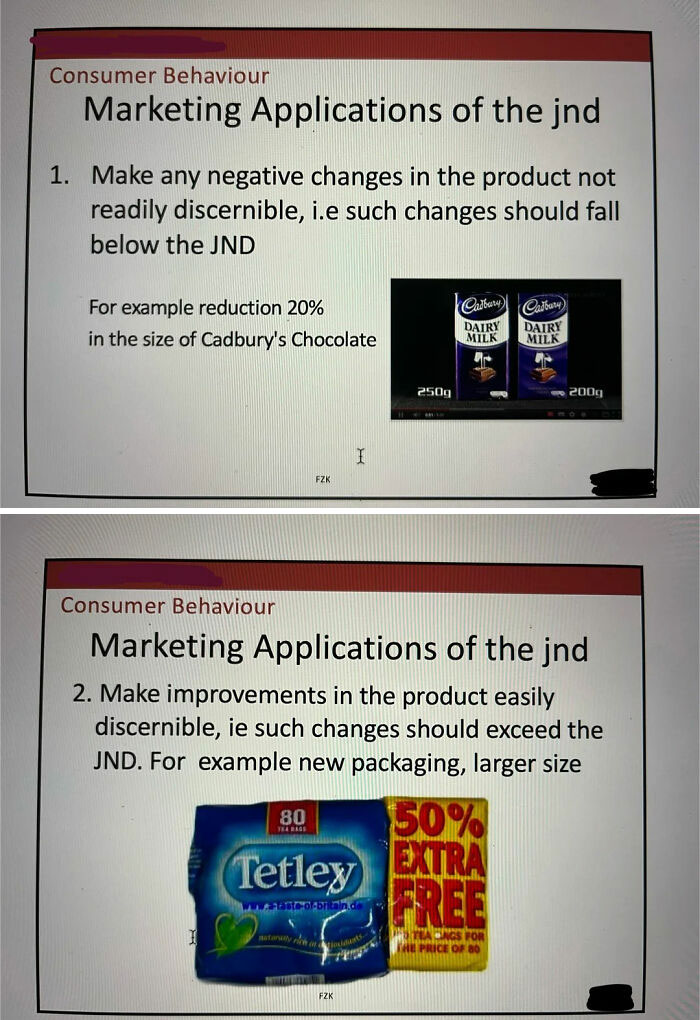 A slide detailing marketing applications of the JND, including product size reduction, a common marketing practice.