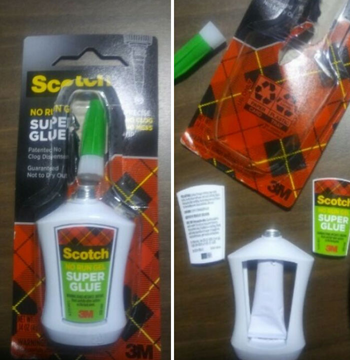 Marketing practices show excessive packaging for Scotch Super Glue, infuriating people with waste.