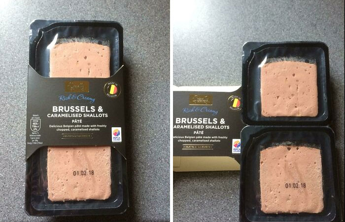 Two images of pâté packaging with infuriating marketing practices. The left shows a stacked package, implying two full servings, while the right reveals it's just two thin slices.