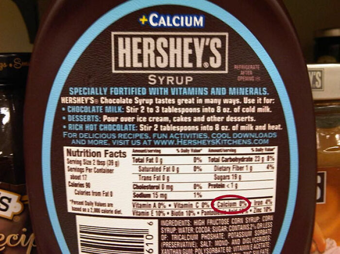 A close-up of a Hershey's Syrup bottle label, highlighting the small 0% daily value for Calcium, despite advertising as fortified with Calcium, a questionable marketing practice.
