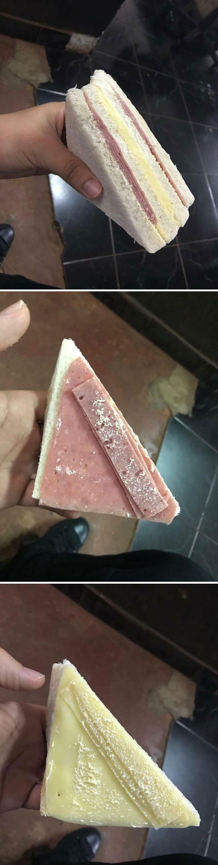 Three images of an infuriating marketing practices sandwich, showing the exterior suggesting a full sandwich, but the interior reveals only small portions of meat and cheese.